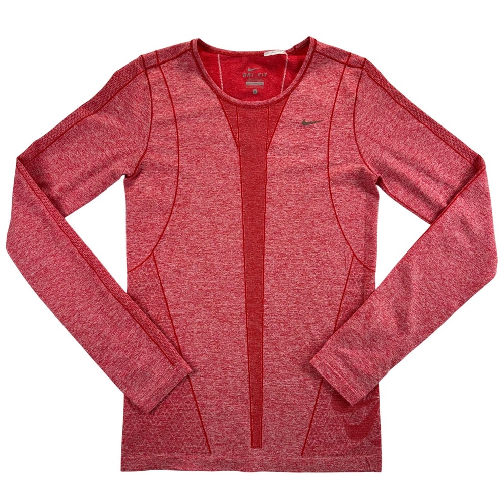 Nike Dri-FIT Knit Womens Red Heather Long Sleeve Running Top Thumbholes Small